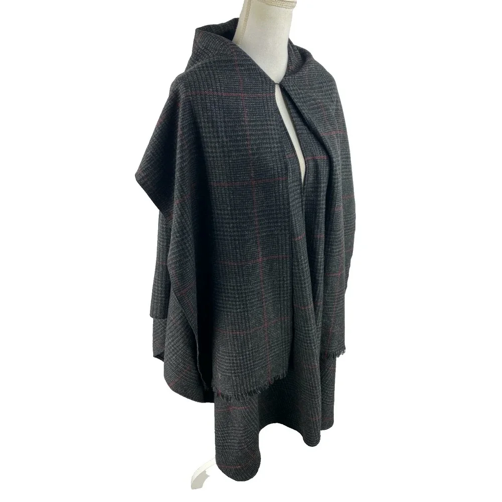 VTG 70s Mademoiselle Women's Gray Tartan Plaid Check Poncho Cape With Scarf OSFA